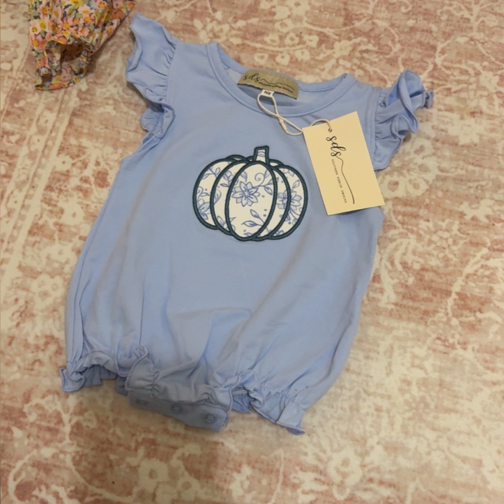 Light Blue Baby Romper with Floral Pumpkin Applique